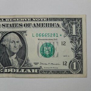 One Dollar Bill Star Note Series 2017 L06665281* Featuring The Beast #666 (B217)